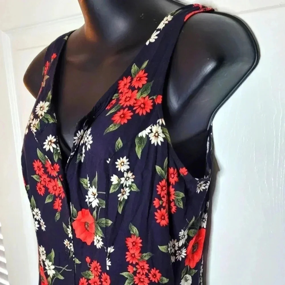 Gayla Bentley Floral Sleeveless Maxi Smock Dress Navy Red White - Picture 3 of 9
